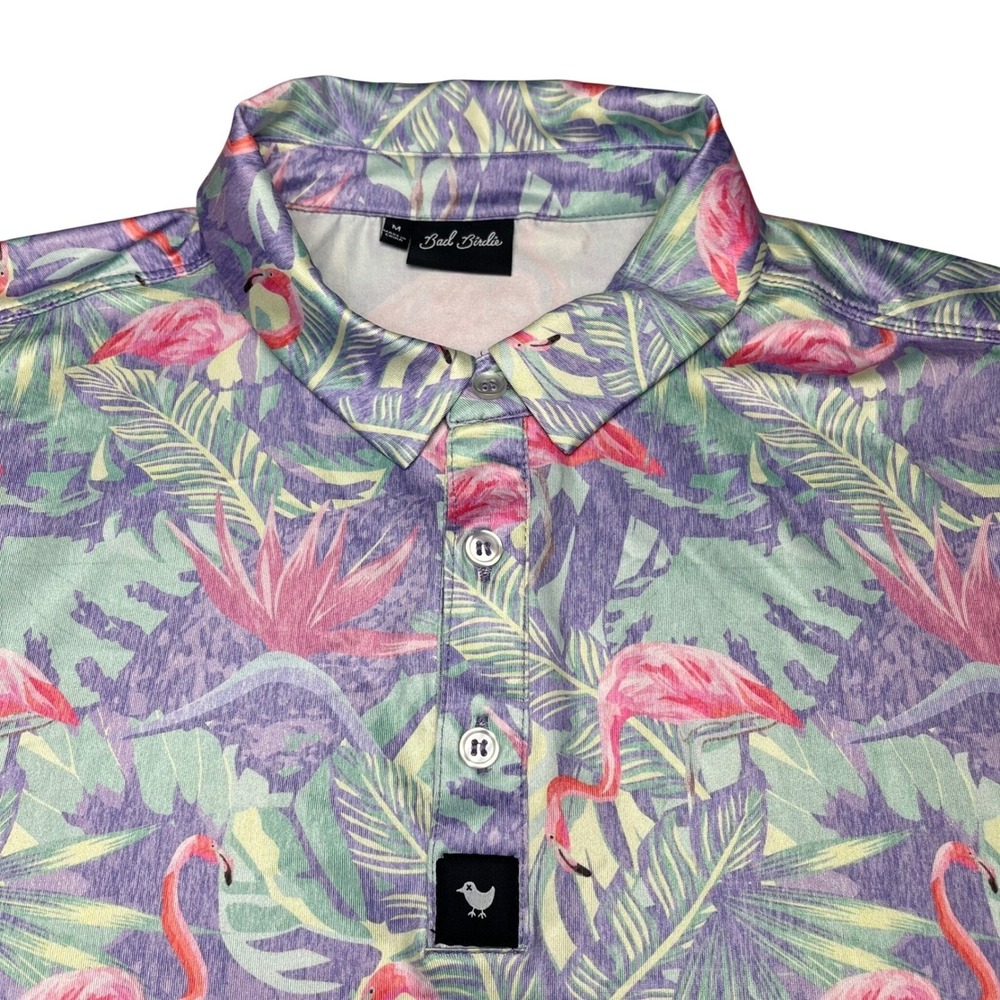 Bad Birdie Polo Shirt Mens Medium Purple Pink Flamingo tropic Golf Short Sleeve
